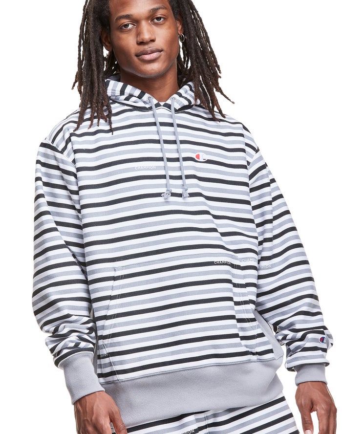 Champion Mens Hoodie NZ - Reverse Weave All Over Print Black/Grey/White ( 2483-BXMLH )